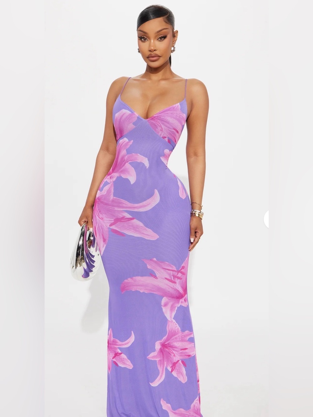Fashion Nova Lavender Maxi Dress with Pink Floral Print